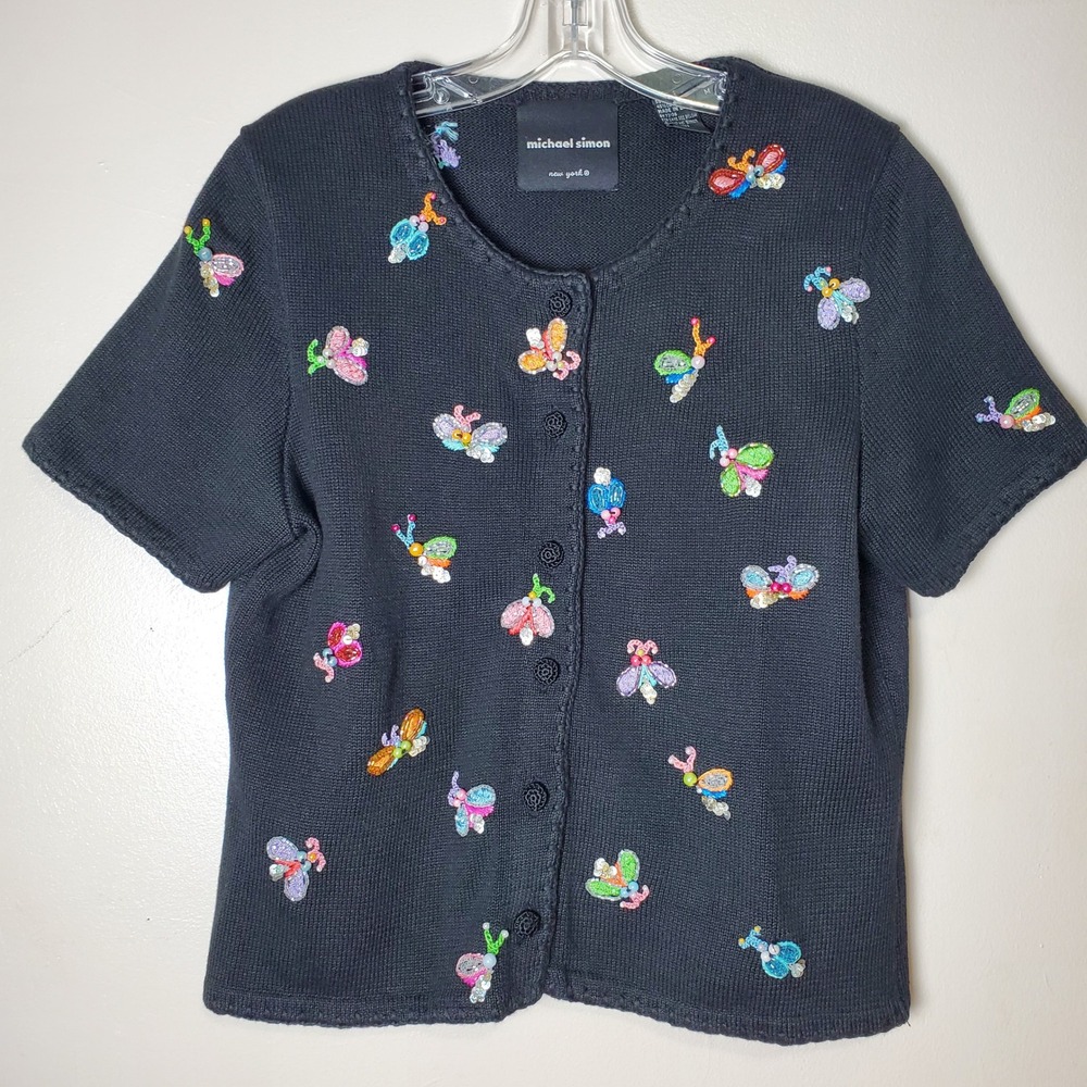 Vintage Michael Simon New York Beaded Sequined Embroidered Bugs Flies Bees Black